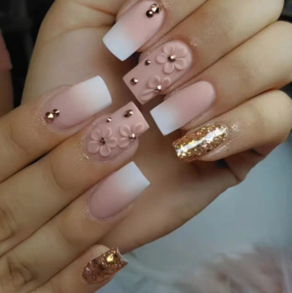🔥3/$21 Elegant Nude and Gold Press-On Nails